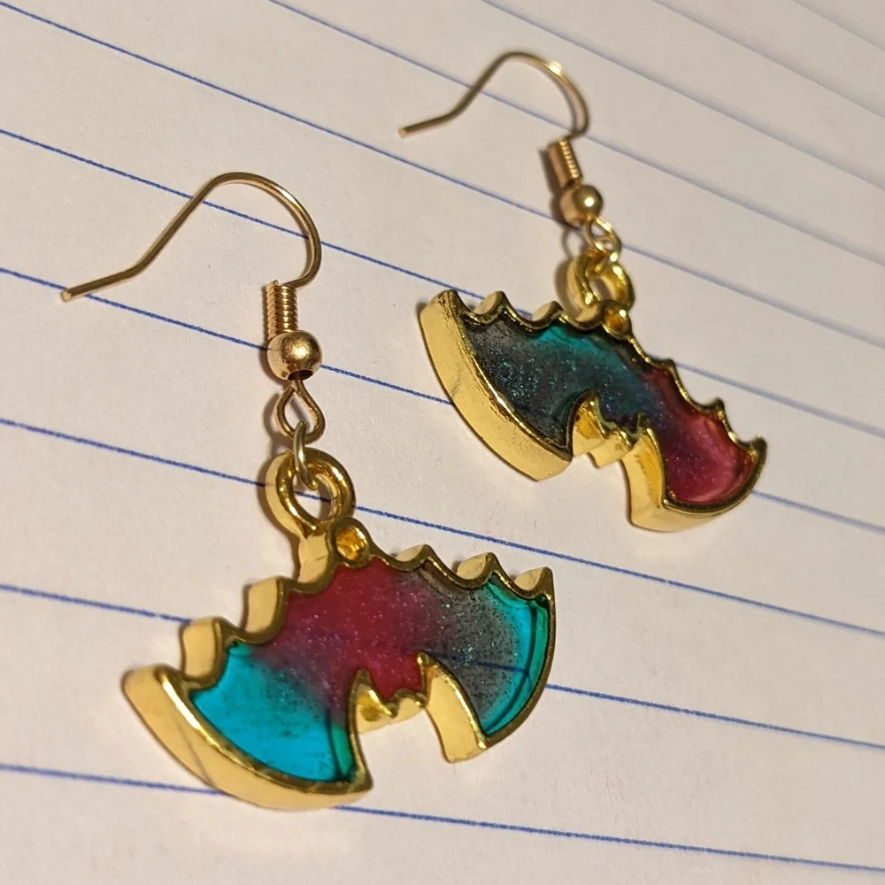 Rainbow Bats Earrings Gold Resin Galaxy Handmade Halloween - Picture 11 of 15